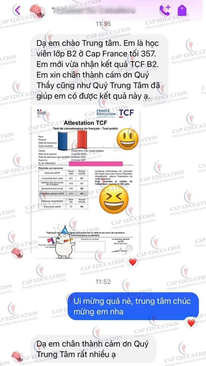 Bứt phá B2 tiếng Pháp trong hành trình ngắn của học viên CAP Đinh Vũ Bội Trân