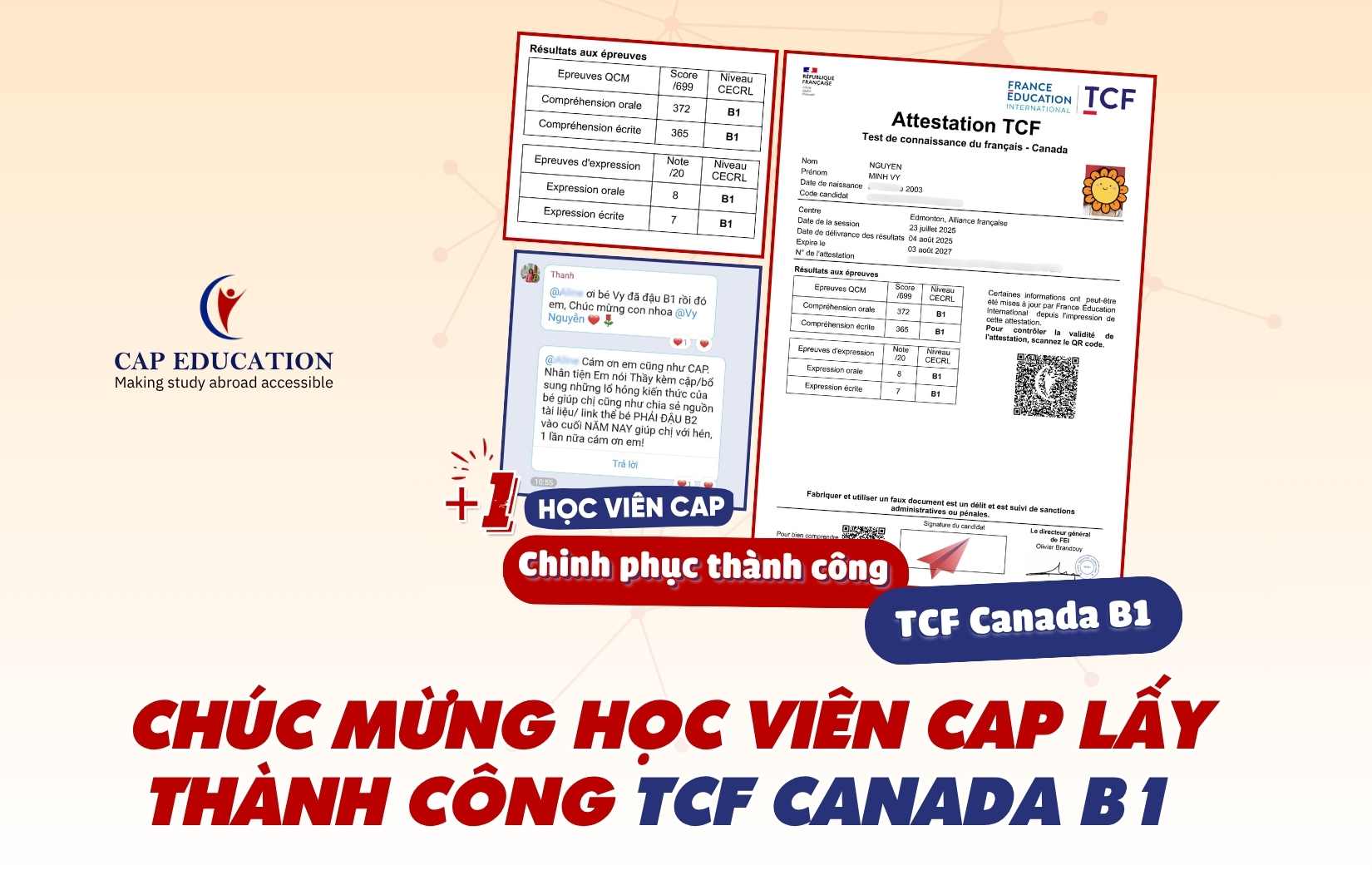 Hình ảnh minh họa Chúc Mừng Học Viên CAP Lấy Thành Công TCF Canada B1