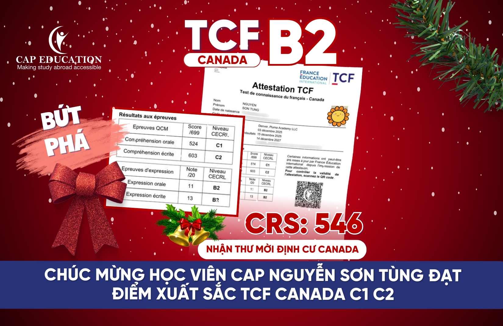 Hình ảnh minh họa Chúc Mừng Học Viên CAP Nguyễn Sơn Tùng Đạt Điểm Xuất Sắc TCF Canada C1 C2