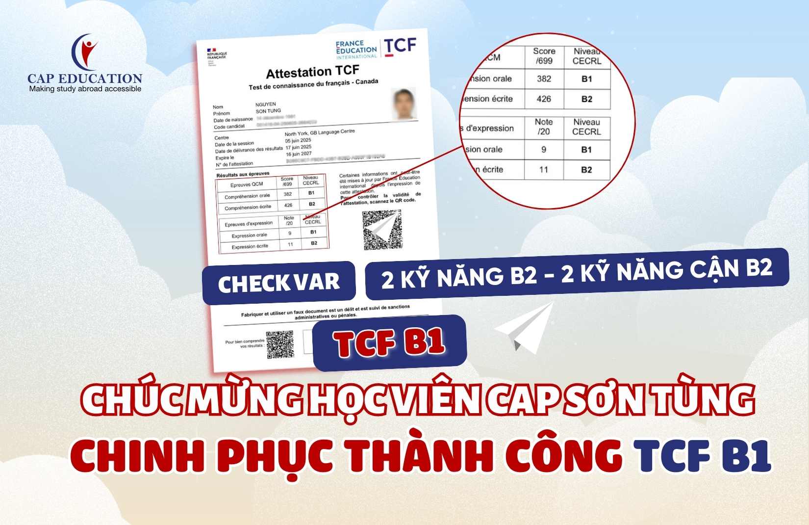 Hình ảnh minh họa Chúc Mừng Học Viên CAP Sơn Tùng Chinh Phục Thành Công TCF B1