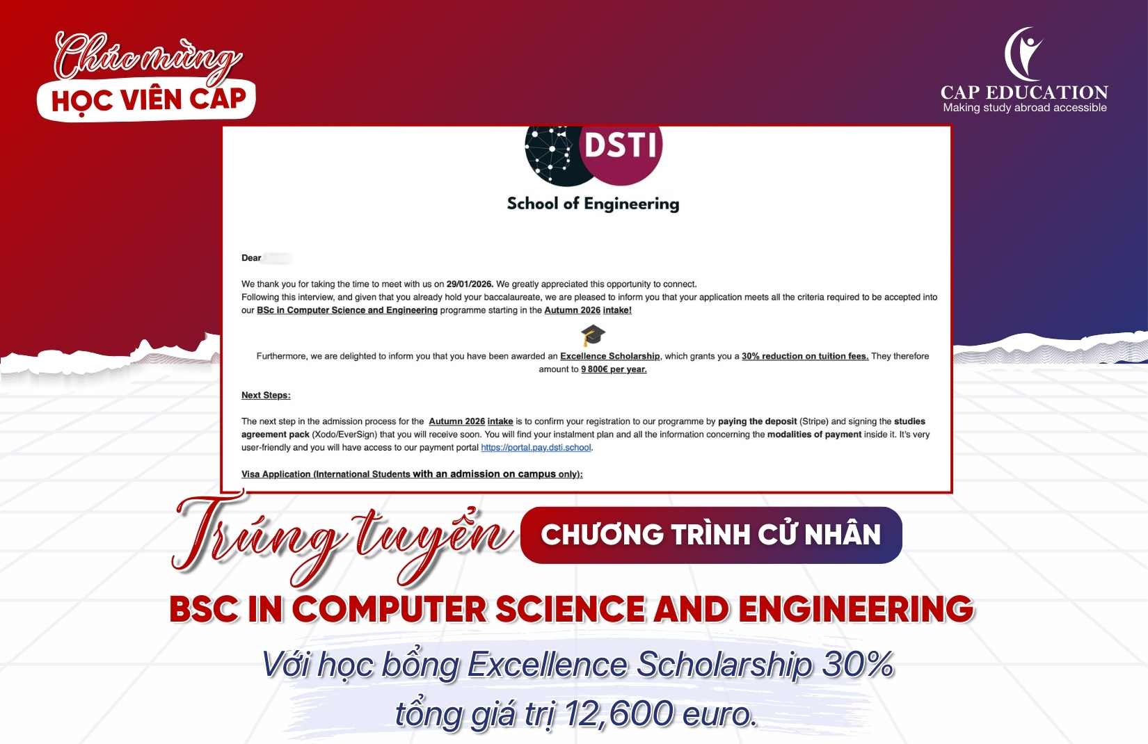 Hình ảnh minh họa Chúc Mừng Học Viên CAP Đã Xuất Sắc Trúng Tuyển Chương Trình BSC In Computer Science And Engineering Tại DSTI
