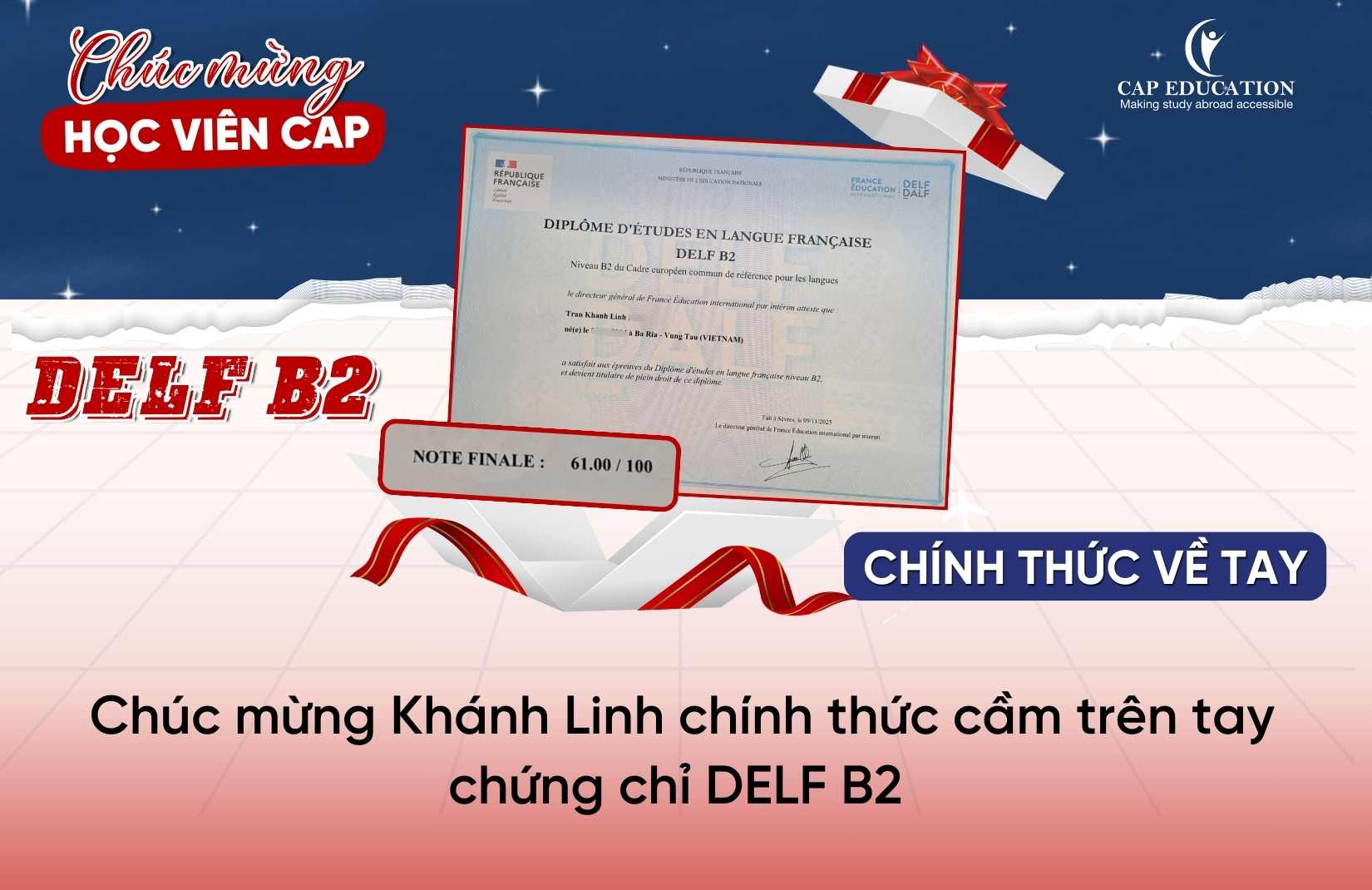 Hình ảnh minh họa Chúc Mừng Khánh Linh Chính Thức Cầm Trên Tay Chứng Chỉ DELF B2