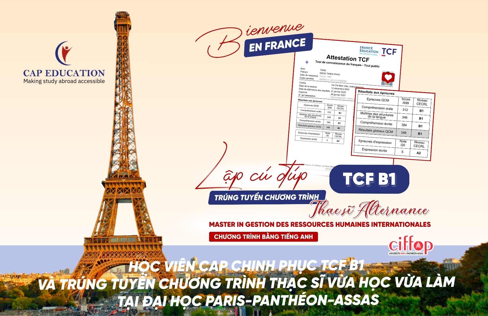 Hình ảnh minh họa Học Viên CAP Chinh Phục TCF B1 Và Trúng Tuyển Chương Trình Thạc Sĩ Vừa Học Vừa Làm Tại Đại Học Paris-Panthéon-Assas