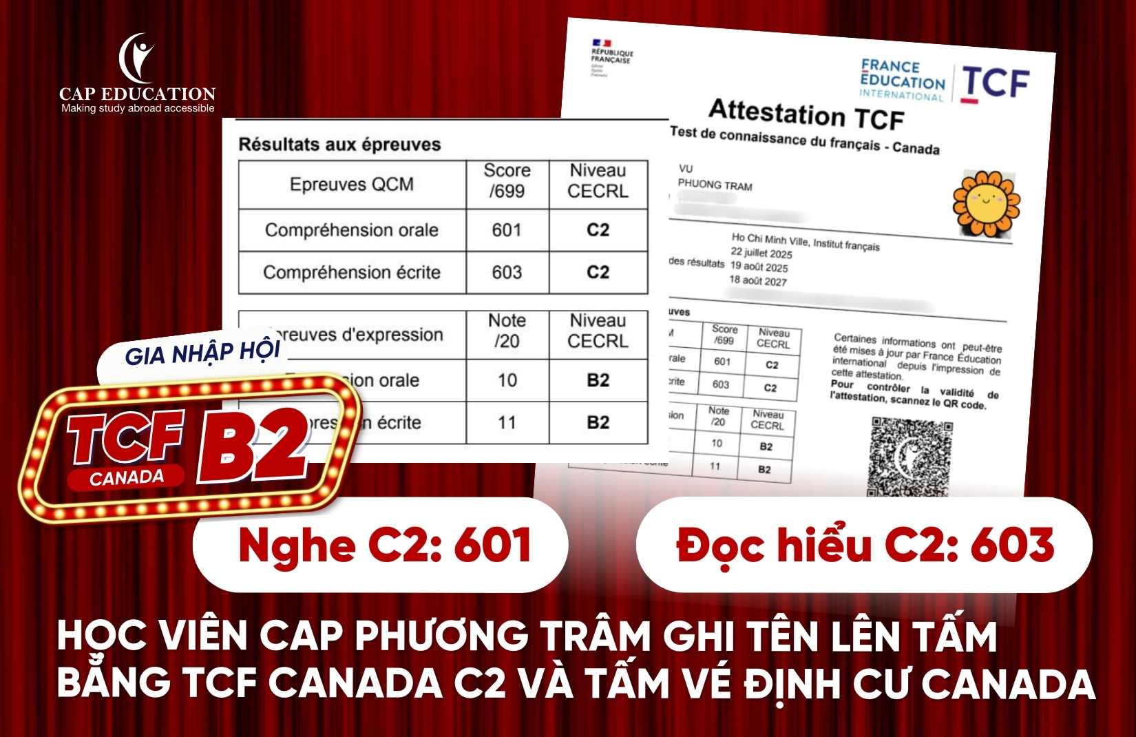 Hình ảnh minh họa Học Viên CAP Phương Trâm Ghi Tên Lên Tấm Bằng TCF Canada C2 Và Tấm Vé Định Cư Canada
