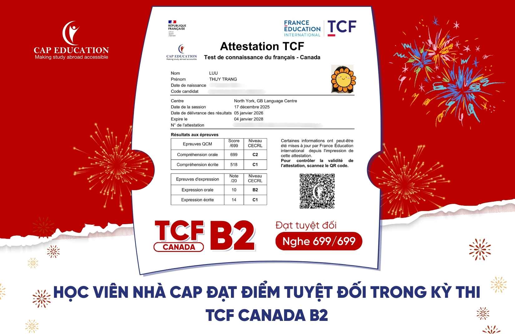 Hình ảnh minh họa Học Viên Nhà CAP Đạt Điểm Tuyệt Đối Trong Kỳ Thi TCF Canada B2