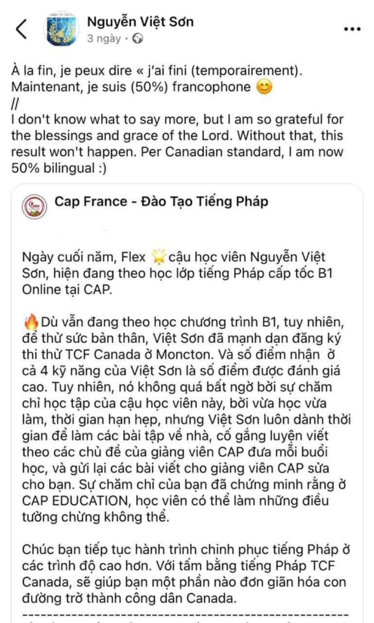 Flex cậu học viên Nguyễn Việt Sơn đạt kết quả cao ở kỳ thi TCF CANADA