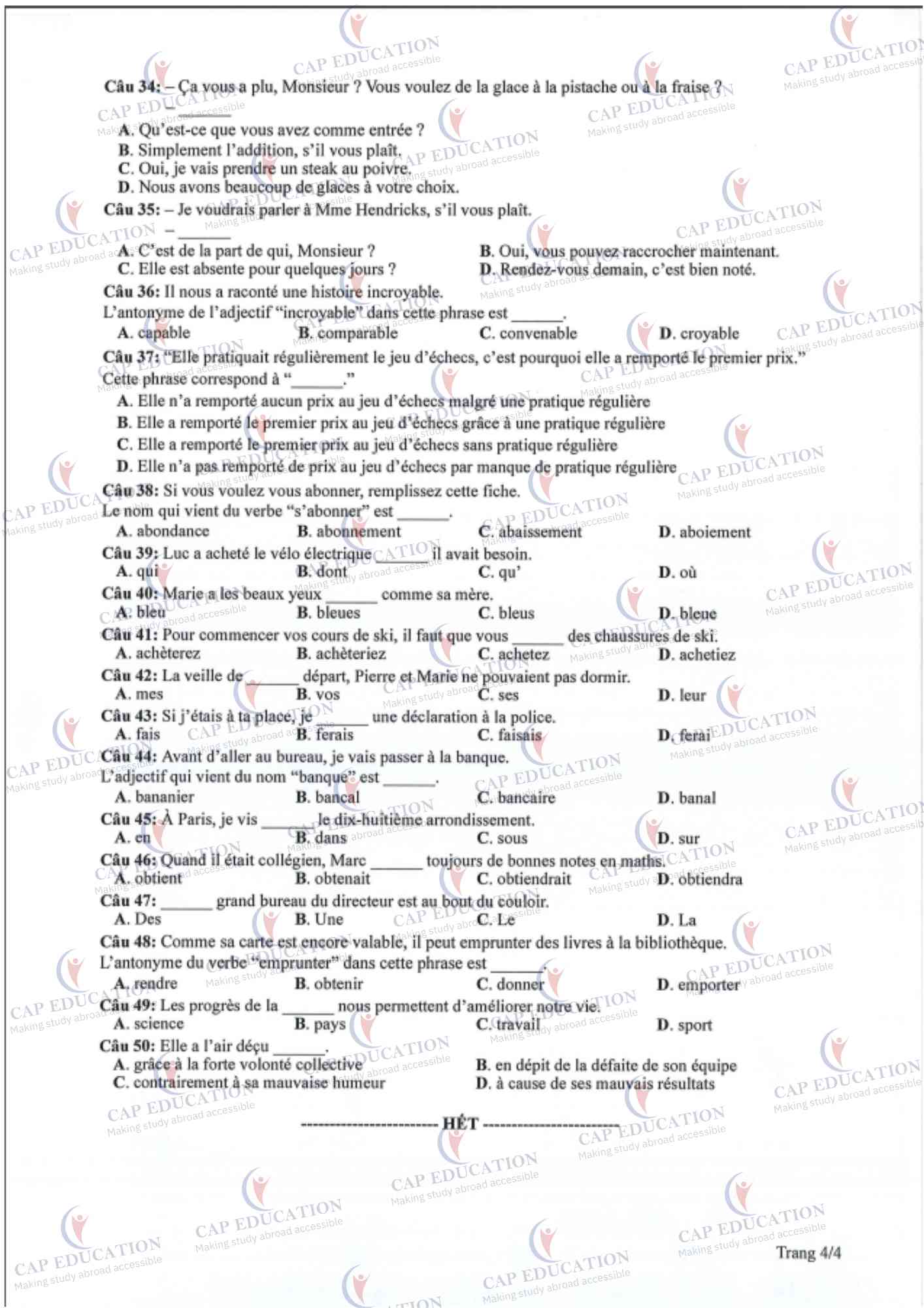 Đáp Án Đề Tham Khảo THPT Quốc Gia Tiếng Pháp 2024
