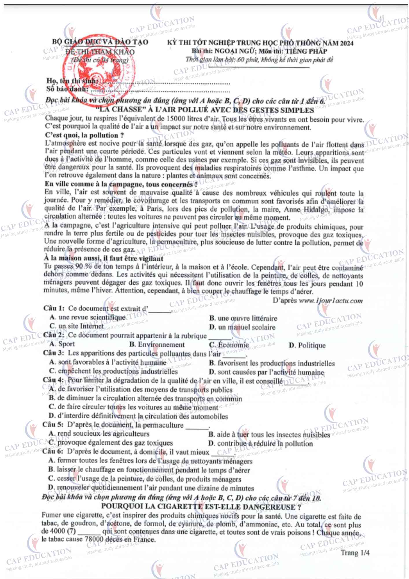 Đáp Án Đề Tham Khảo THPT Quốc Gia Tiếng Pháp 2024