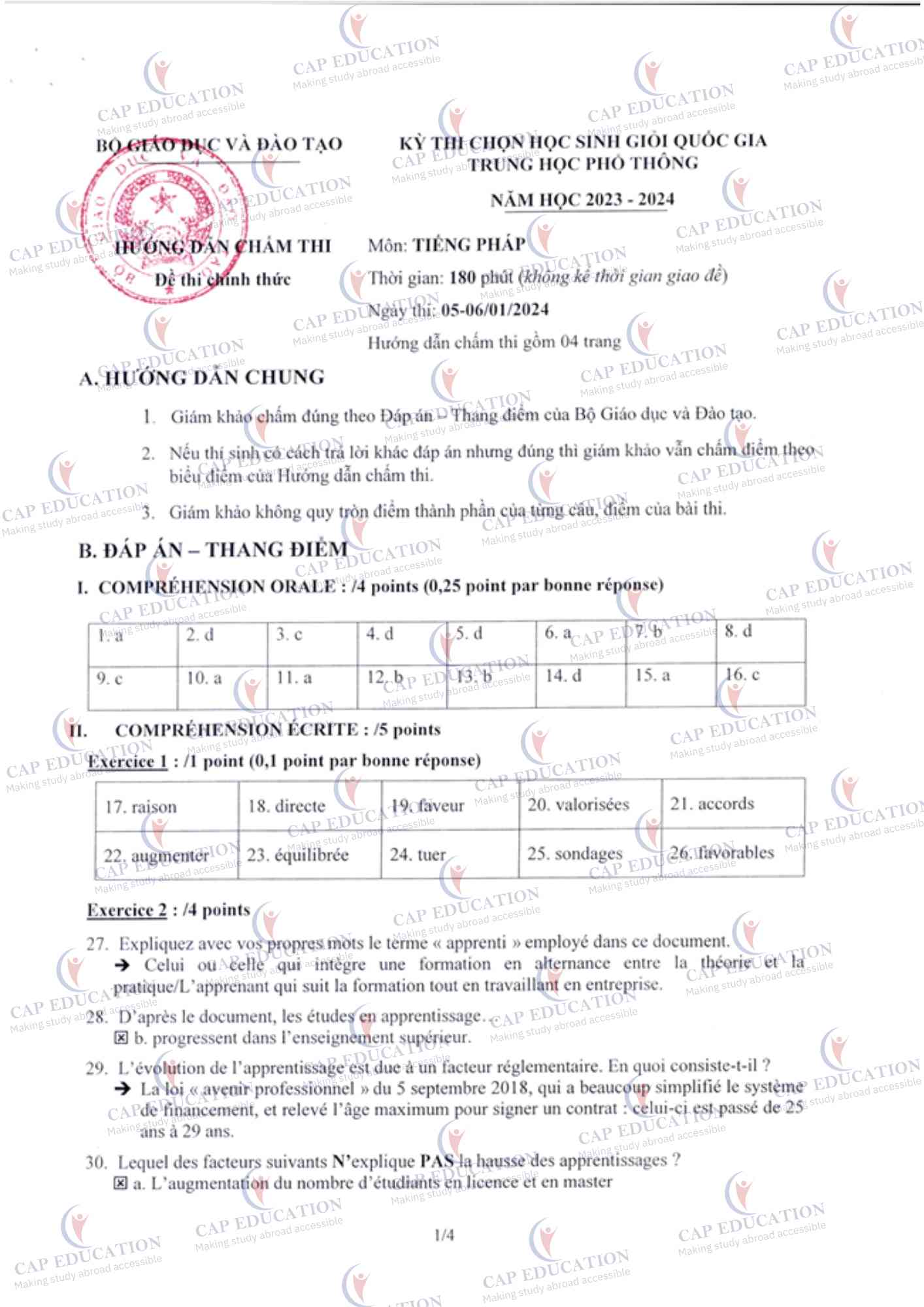 Đáp Án Đề Thi Học Sinh Giỏi Quốc Gia Tiếng Pháp 2024