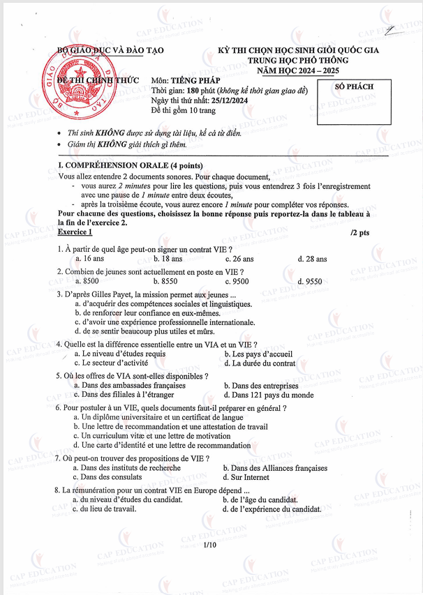 Đề Thi Học Sinh Giỏi Quốc Gia Tiếng Pháp 2025